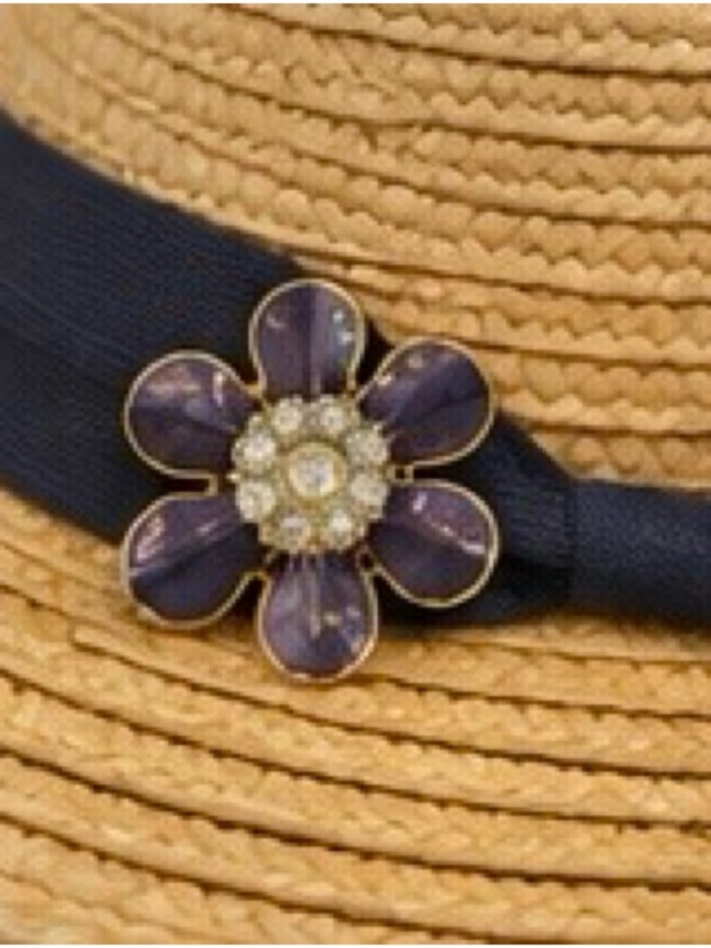 Vintage Purple Enamel Flower Brooch Pin Rhinestone Center Gold Tone Floral